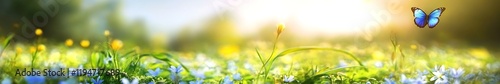 Abstract spring nature with vibrant flowers and a butterfly, showcasing exquisite details and harmonious composition, embodying the beauty of springtime.