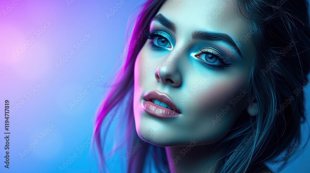 Ethereal portrait of a woman with makeup, cosmetics, and contour on a studio background. Cool blues, greens, and purples create a mystical feeling, light aura surrounds her Ethereal portrait of a woman with makeup, cosmetics, and contour on a studio background. Cool blues, greens, and purples create a mystical feeling, light aura surrounds her