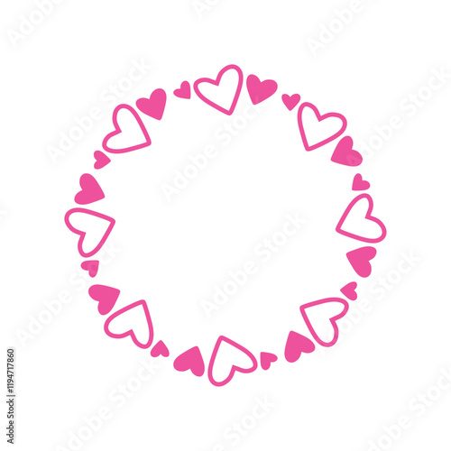 Logo con corazones con líneas y relleno. Banner con marco circular con forma de estrella para tarjetas y felicitaciones de San Valentín