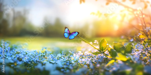 Abstract spring nature with vibrant flowers and a butterfly, showcasing exquisite details and harmonious composition, embodying the beauty of springtime.