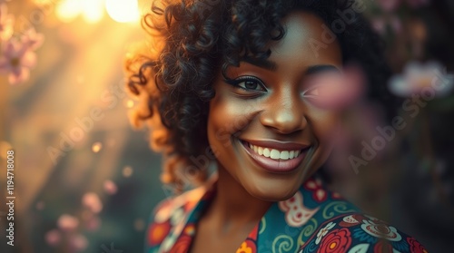 Extreme macro close-up Mystic, enchanting environment. Elegant woman with curly hair and dusky skin smiles in a colorful outfit. Gentle color contrasts, dreamlike atmosphere, otherworldly ethereal qua photo