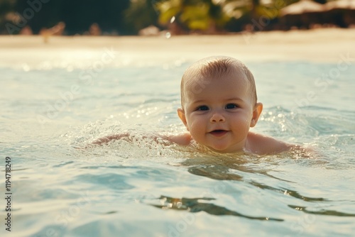 A happy baby enjoying time in the pool or bath, suitable for kids' products or family lifestyle images
