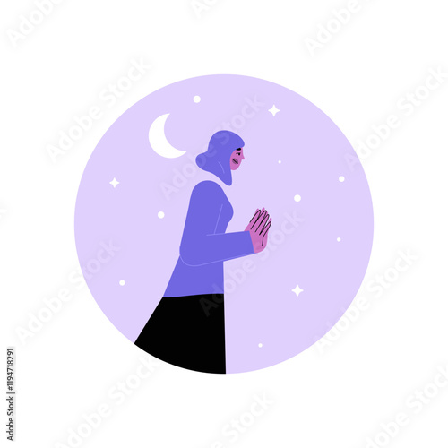 Muslim Woman Praying Under Moon And Stars In Flat Vector Illustration Symbolizing Faith, Serenity, And Spirituality, Isolated On White Background