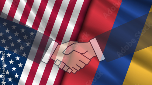 Vector wavy flags of United States of America and Republic of Armenia. Political banner. Relations between countries. North America and Caucasus. Friendly agreement. Graphic handshake