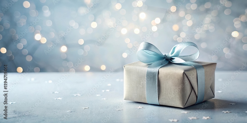 A Beautifully Wrapped Gift with a Light Blue Ribbon, Ready for Giving on a Festive Background A Beautifully Wrapped Gift with a Light Blue Ribbon, Ready for Giving on a Festive Background