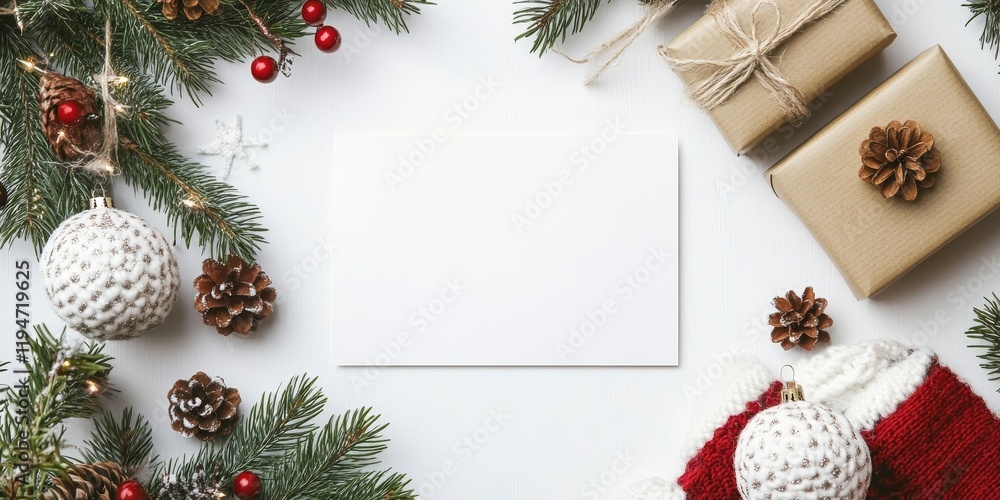 Obraz premium Festive Christmas arrangement with a blank white card centered among green pine branches red berries golden gifts and cozy knitted elements on white backdrop