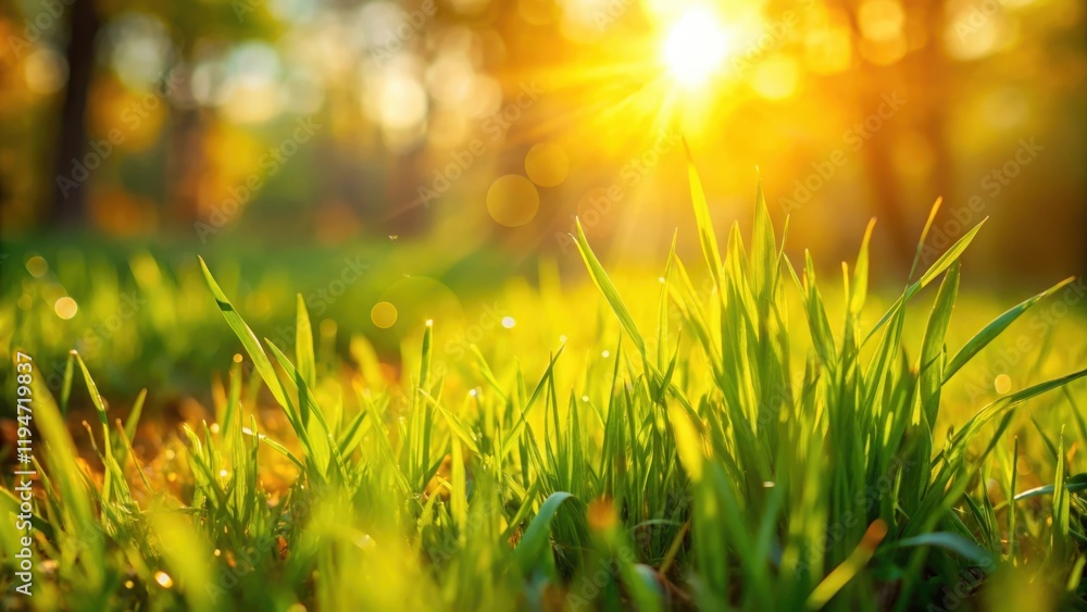 Fototapeta premium Golden Hour Meadow Vibrant Green Grass Illuminated by Warm Sunlight