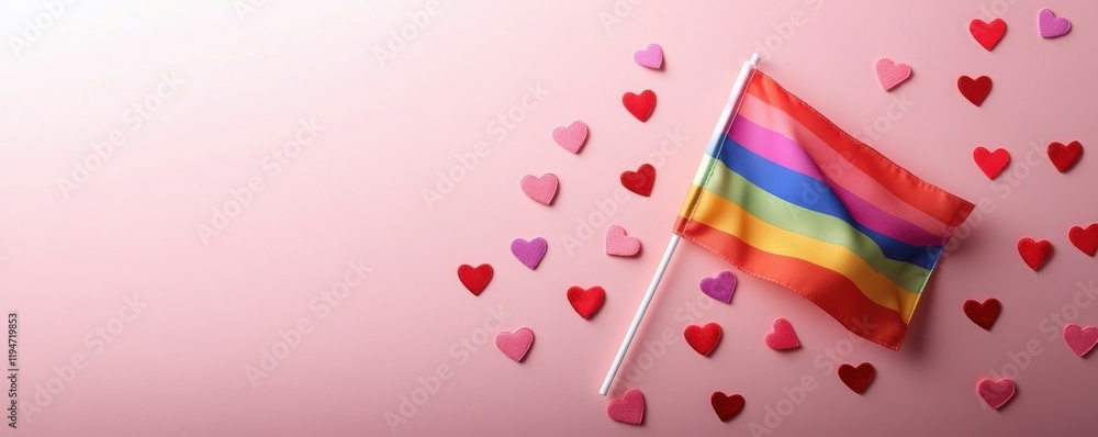 A top-down shot of the Lesbian Pride flag alongside tiny hearts expressing affection, on a soft pastel pink backdrop with space for text or ads A top-down shot of the Lesbian Pride flag alongside tiny hearts expressing affection, on a soft pastel pink backdrop with space for text or ads
