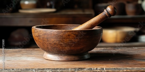 Rustic wooden Indonesian spice grinding bowl cobek with a pestle ulekan on a dark wooden table showcasing deep browns and rich textures. photo