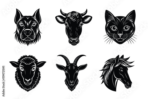 Domestic animals head silhouette set, Animal icon vector illustration, dog, cat, cow, sheep, horse, cat