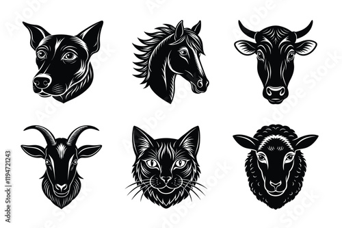 Domestic animals head silhouette set, Animal icon vector illustration, dog, cat, cow, sheep, horse, cat