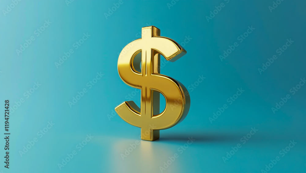 3D render of a shiny gold dollar sign resting on a shiny gold bar, set against a smooth light blue background with soft lighting and reflective surfaces. 3D render of a shiny gold dollar sign resting on a shiny gold bar, set against a smooth light blue background with soft lighting and reflective surfaces.