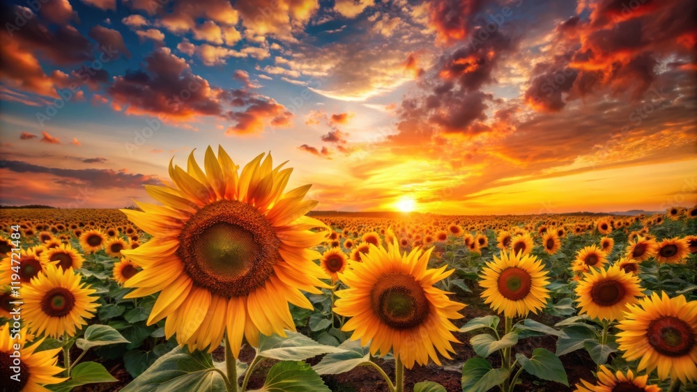 Fototapeta premium Vibrant Sunflowers Bathed in the Golden Hues of a Dramatic Sunset