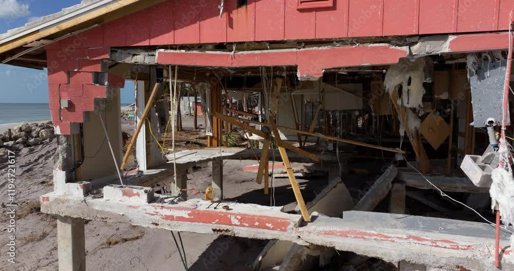 Hurricane Milton storm surge severe damage to waterfront house on Manasota Key, Florida. Destroyed home on gulf coast. Hurricane Milton storm surge severe damage to waterfront house on Manasota Key, Florida. Destroyed home on gulf coast.