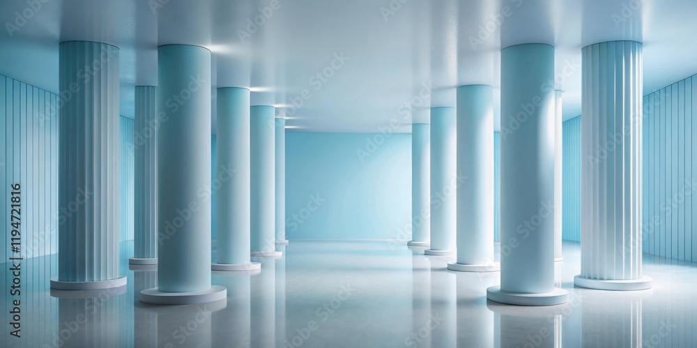 Serene Light Blue Interior with Classical Columns and Reflective Floor Serene Light Blue Interior with Classical Columns and Reflective Floor