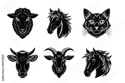 Domestic animals head silhouette set, Animal icon vector illustration, dog, cat, cow, sheep, horse, cat
