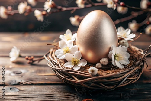Easter banner. The concept of a bright Easter holiday. An unusual delicate Easter egg with delicate white flowers