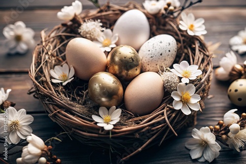 Easter banner. The concept of a bright Easter holiday. An unusual delicate Easter egg with delicate white flowers