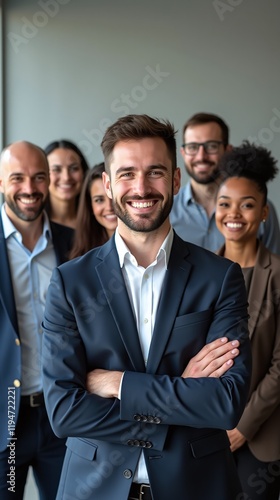 diverse business team confident young man in foreground