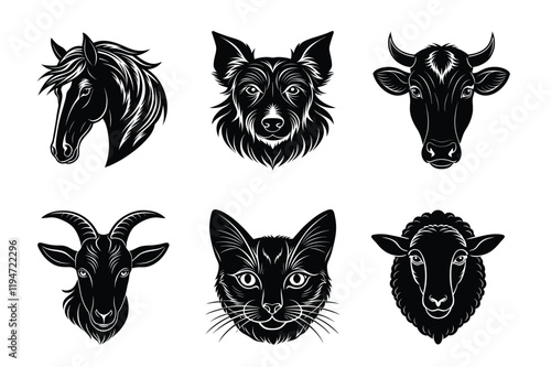 Domestic animals head silhouette set, Animal icon vector illustration, dog, cat, cow, sheep, horse, cat