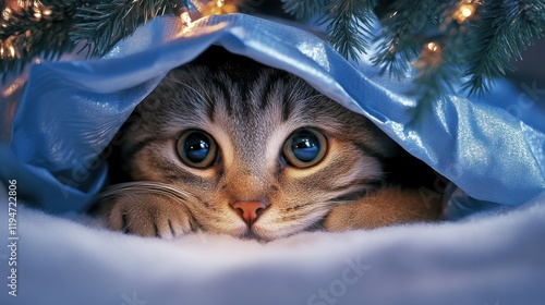 A cat playfully hiding inside a Christmas gift bag under a glowing tree photo