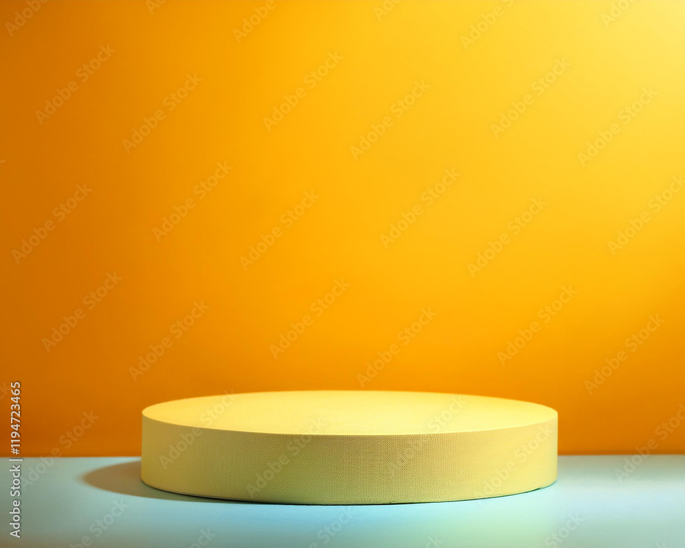 Abstract platform display pedestal with contemporary stand podium on a yellow room backdrop. An empty goods shelf or a blank backdrop for an exhibition stage Abstract platform display pedestal with contemporary stand podium on a yellow room backdrop. An empty goods shelf or a blank backdrop for an exhibition stage