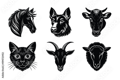 Domestic animals head silhouette set, Animal icon vector illustration, dog, cat, cow, sheep, horse, cat