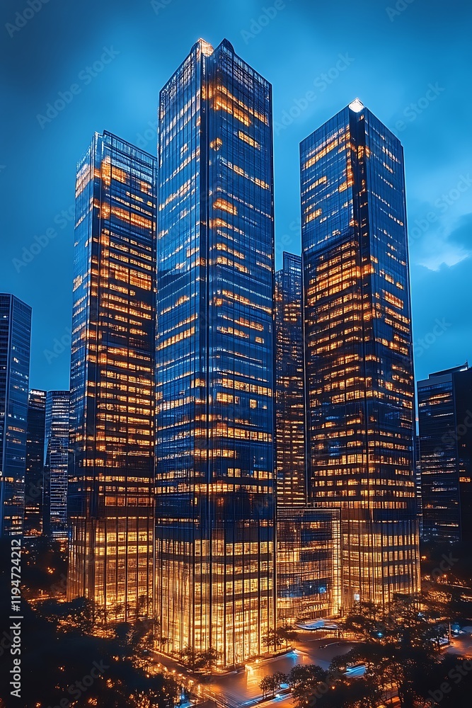 Obraz premium Three illuminated skyscrapers at dusk.