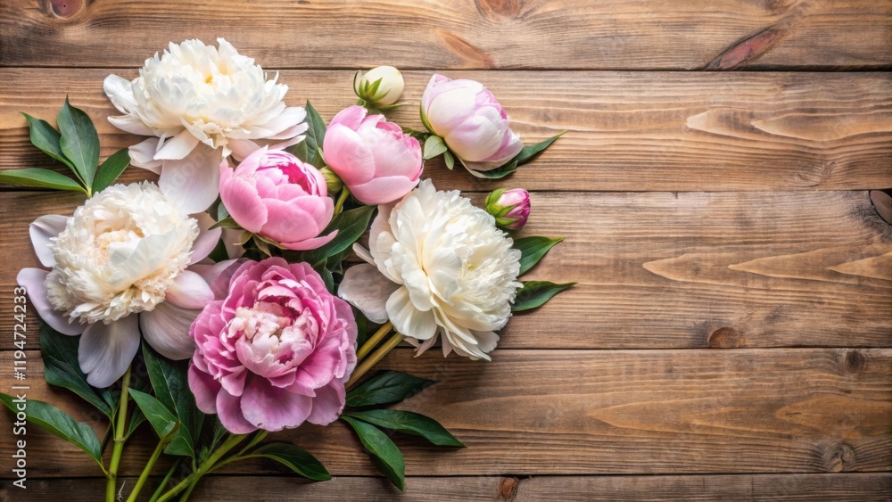 Lovely Pink and White Peonies Arranged on Rustic Wooden Surface Lovely Pink and White Peonies Arranged on Rustic Wooden Surface