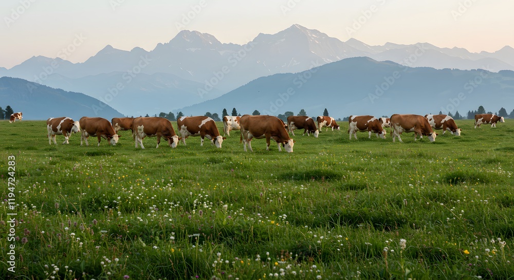 A herd of cows grazing peacefully on a green pasture with a mountain backdrop. Farming and Agriculture A herd of cows grazing peacefully on a green pasture with a mountain backdrop. Farming and Agriculture