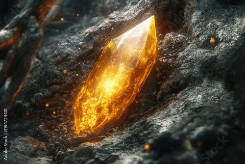 A radiant orange crystal, emanating a mesmerizing glow, nestles among the rugged rocks. Sparks subtly enhance its ethereal ambiance, infusing the scene with magic. photo