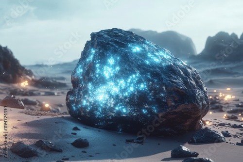 A striking blue rock sprinkled with luminous sparkles captivates in a barren landscape. Its glow contrasts sharply against the desolate backdrop, suggesting intrigue. photo