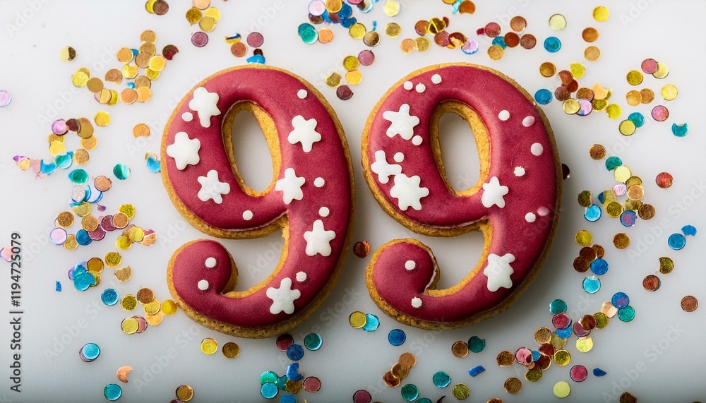 Decorated cookie for birthday or anniversary party, number 99. White background with party decoration. Decorated cookie for birthday or anniversary party, number 99. White background with party decoration.