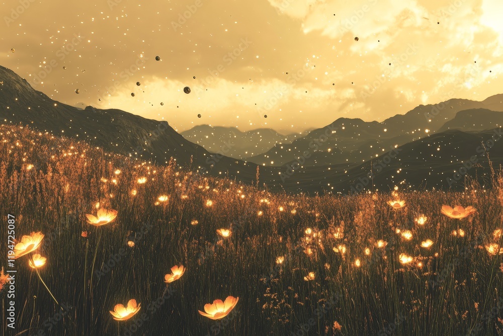 Fototapeta premium A serene landscape captures a meadow at sunset, where golden wildflowers emit a magical glow amidst distant mountains and a scattering of ethereal lights in the air.
