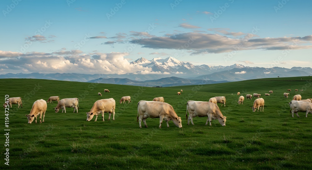 Obraz premium A herd of cows grazing peacefully on a green pasture with a mountain backdrop. Farming and Agriculture