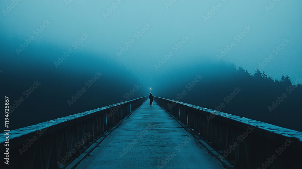 Fototapeta premium A lone person walks down a long, deserted bridge, heading toward a glaring light emerging from deep fog during early morning. Generative AI