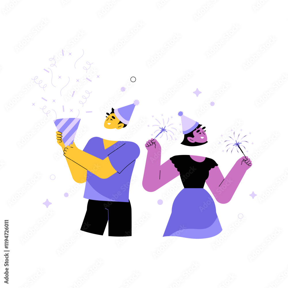 Couple Celebrating With Party Hats And Sparklers In Flat Vector Illustration Symbolizing Joy, Festivity, And Celebration, Isolated On White Background. Couple Celebrating With Party Hats And Sparklers In Flat Vector Illustration Symbolizing Joy, Festivity, And Celebration, Isolated On White Background.