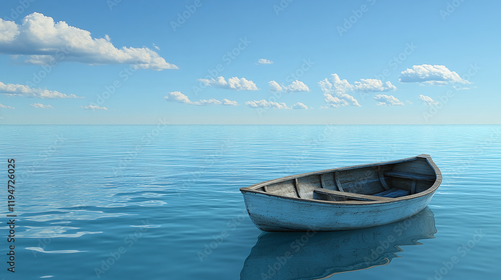 Naklejka premium A peaceful boat rests on tranquil waters, surrounded by a vast blue expanse, creating an ideal backdrop for personal reflections or quotes. Generative AI