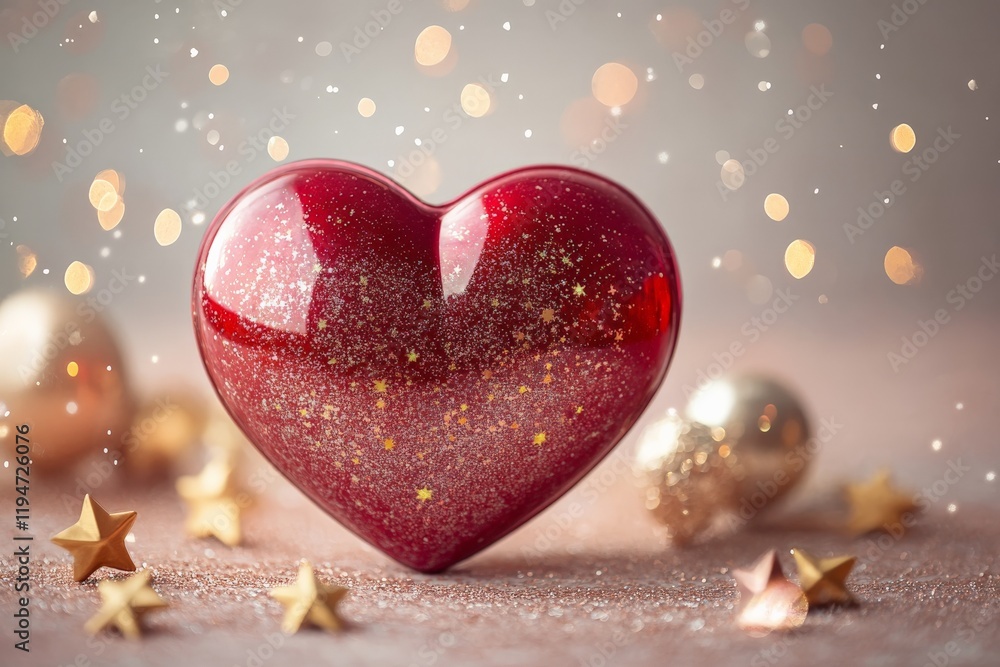 Obraz premium A vivid red heart adorned with glitter and star patterns, surrounded by golden baubles, portraying a festive and joyous spirit in a magical atmosphere.