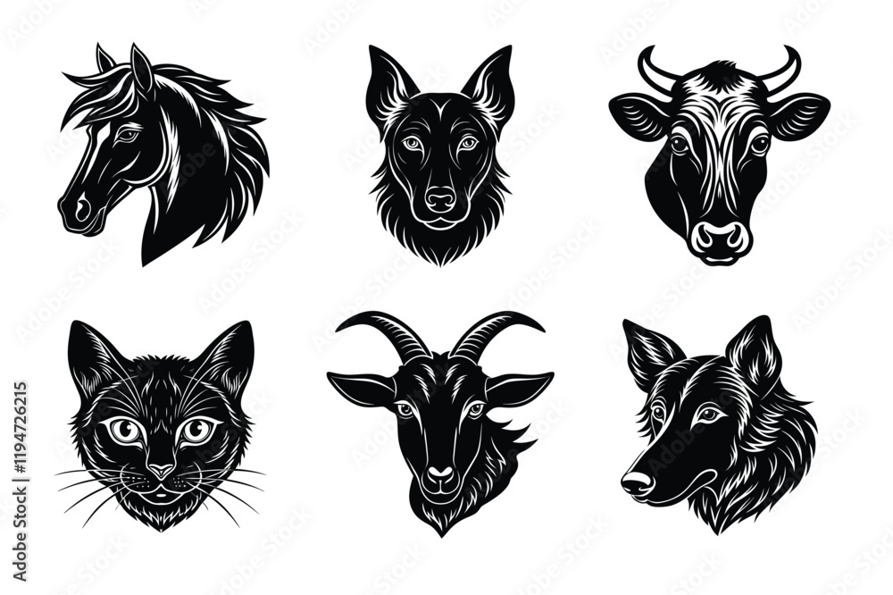 Fototapeta premium Domestic animals head silhouette set, Animal icon vector illustration, dog, cat, cow, sheep, horse, cat