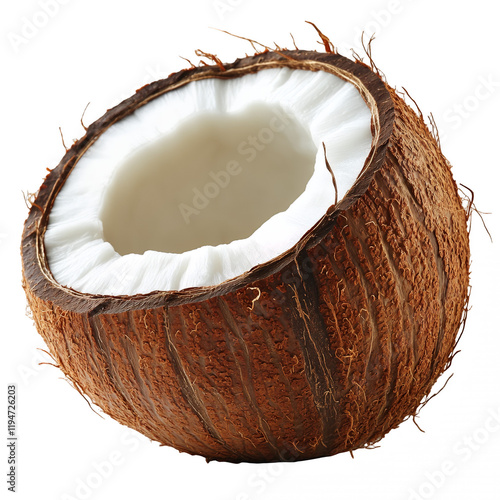 Fresh halved coconut tropical fruit white flesh brown shell isolated transparent background