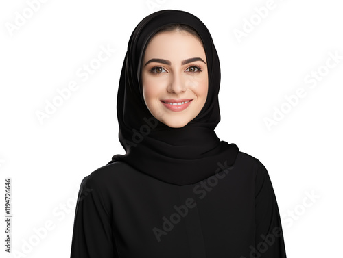 young smiling emirati woman wearing a black hijab, isolated on a white background, showcasing cultural beauty and confidence	 photo