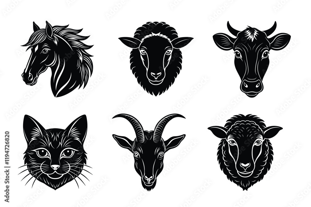 Animals head silhouette set vector illustration. Cow, Cat, horse, dog, sheep mascot icon collection Animals head silhouette set vector illustration. Cow, Cat, horse, dog, sheep mascot icon collection