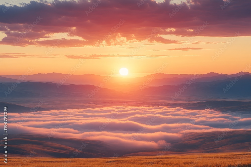 A breathtaking view of clouds gently settling over a sunset-lit valley, creating a pastel-colored scape that inspires awe and appreciation for nature's artistry. A breathtaking view of clouds gently settling over a sunset-lit valley, creating a pastel-colored scape that inspires awe and appreciation for nature's artistry.
