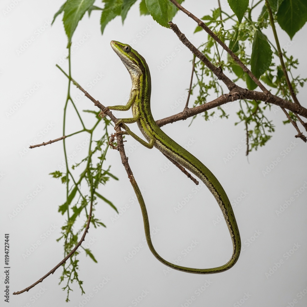 Obraz premium A slender vine snake hanging from a branch on a white background.
