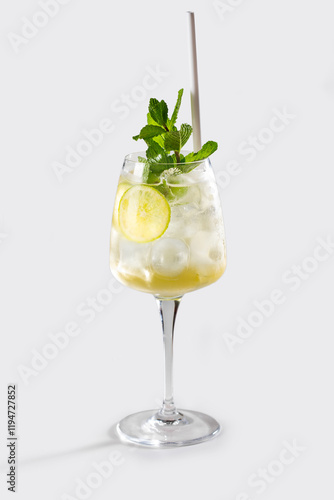 Fresh Hugo spritz cocktail with lemon, mint, straw and ice, stock, on white background