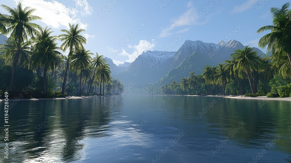 Obraz premium Tropical Paradise Calm Waters Snow Capped Mountains