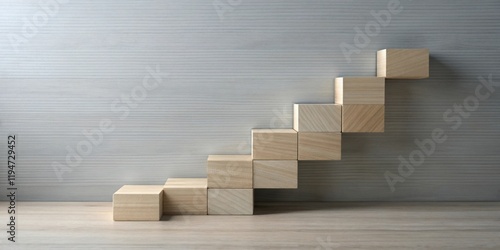 Ascending Wooden Blocks Forming a Staircase Against a Light Wood Panel Background