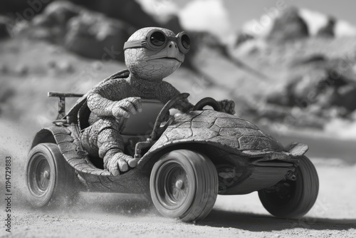 Turtle wearing goggles driving fast in a desert buggy car photo