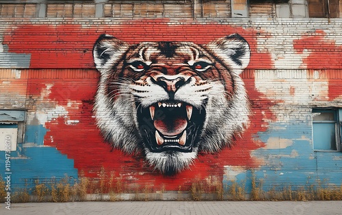 Roaring tiger head mural on a weathered brick wall. photo